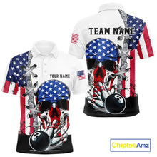 Load image into Gallery viewer, American Flag Skull Bowling Polo, Quarter Zip Shirts for Men Custom Patriotic Bowling Team jerseys NQS11694