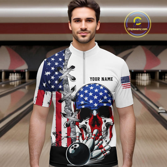 American Flag Skull Bowling Polo, Quarter Zip Shirts for Men Custom Patriotic Bowling Team jerseys NQS11694