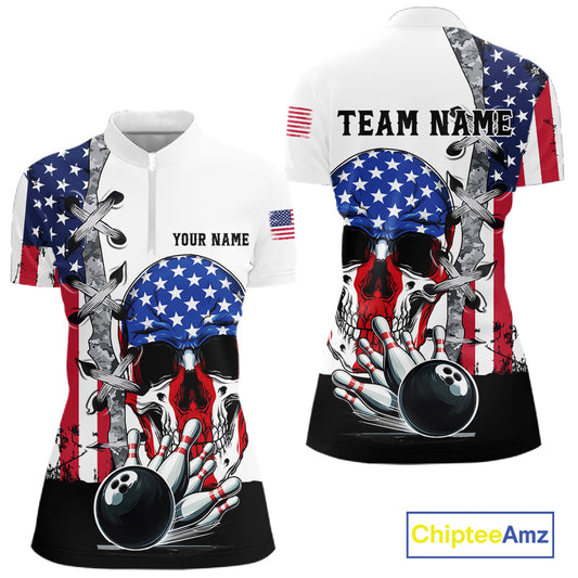 American Flag Skull Bowling Polo, Quarter Zip Shirts for Women Custom Patriotic Bowling Team jerseys NQS11694