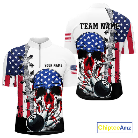 American Flag Skull Bowling Polo, Quarter Zip Shirts for Men Custom Patriotic Bowling Team jerseys NQS11694
