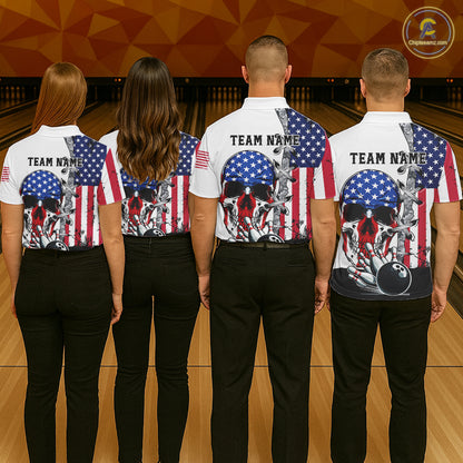 American Flag Skull Bowling Polo, Quarter Zip Shirts for Women Custom Patriotic Bowling Team jerseys NQS11694
