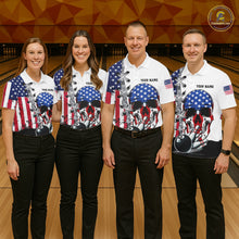 Load image into Gallery viewer, American Flag Skull Bowling Polo, Quarter Zip Shirts for Men Custom Patriotic Bowling Team jerseys NQS11694