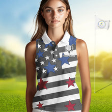 Load image into Gallery viewer, Gray &amp; White American Flag Eagle Women Sleeveless Polo shirt Custom patriotic team ladies golf outfit NQS9798
