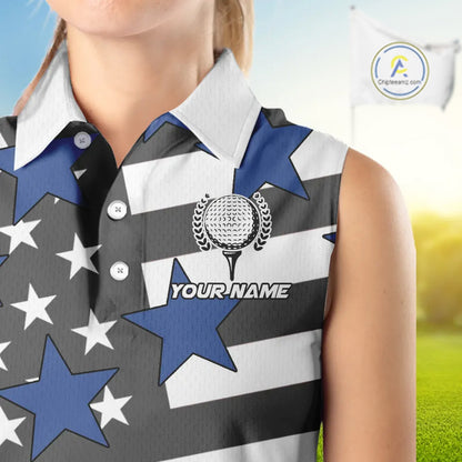 Gray & White American Flag Eagle Women Sleeveless Polo shirt Custom patriotic team ladies golf outfit NQS9798