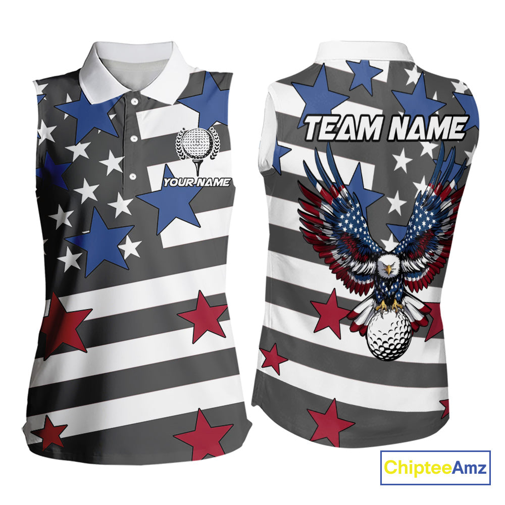 Gray & White American Flag Eagle Women Sleeveless Polo shirt Custom patriotic team ladies golf outfit NQS9798