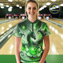 Load image into Gallery viewer, Personalized Green Lights Dragon Women Bowling Polo, 1/4 Zip Shirt Custom Team Bowling League Jersey NQS10199