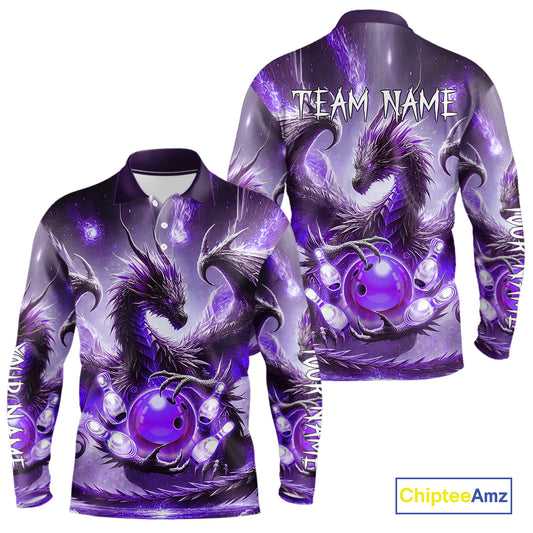 Personalized Purple Lights Dragon Mens Bowling Polo, 1/4 Zip Shirt Custom Team Bowling League Jersey NQS10200