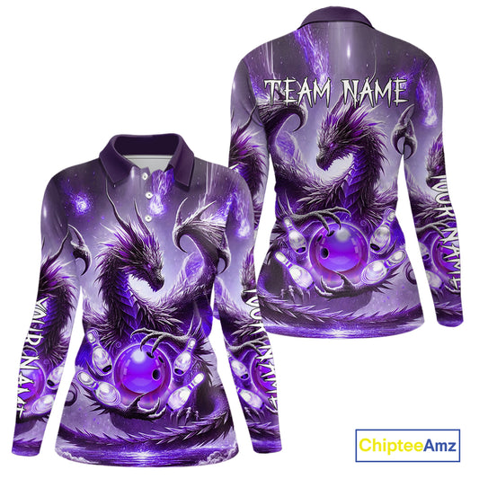 Personalized Purple Lights Dragon Women Bowling Polo, 1/4 Zip Shirt Custom Team Bowling League Jersey NQS10200