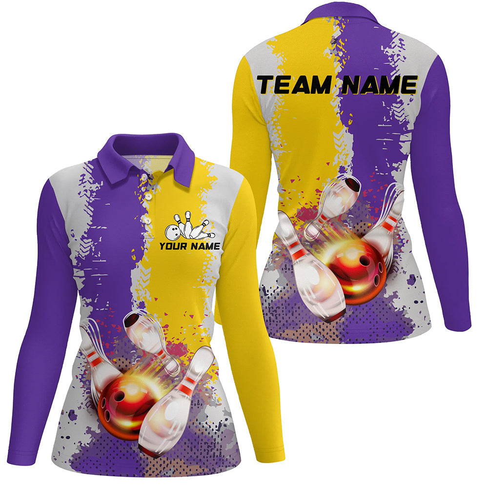 Yellow and Purple Camo Bowling Polo, 1/4 zip shirts Custom Team Women Bowling jerseys NQS8157