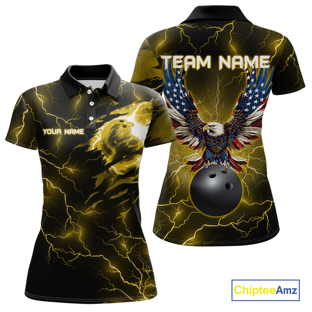 Yellow lightning thunder bowling American flag Eagle custom Womens Bowling Polo, Quarter Zip Shirts NQS10557