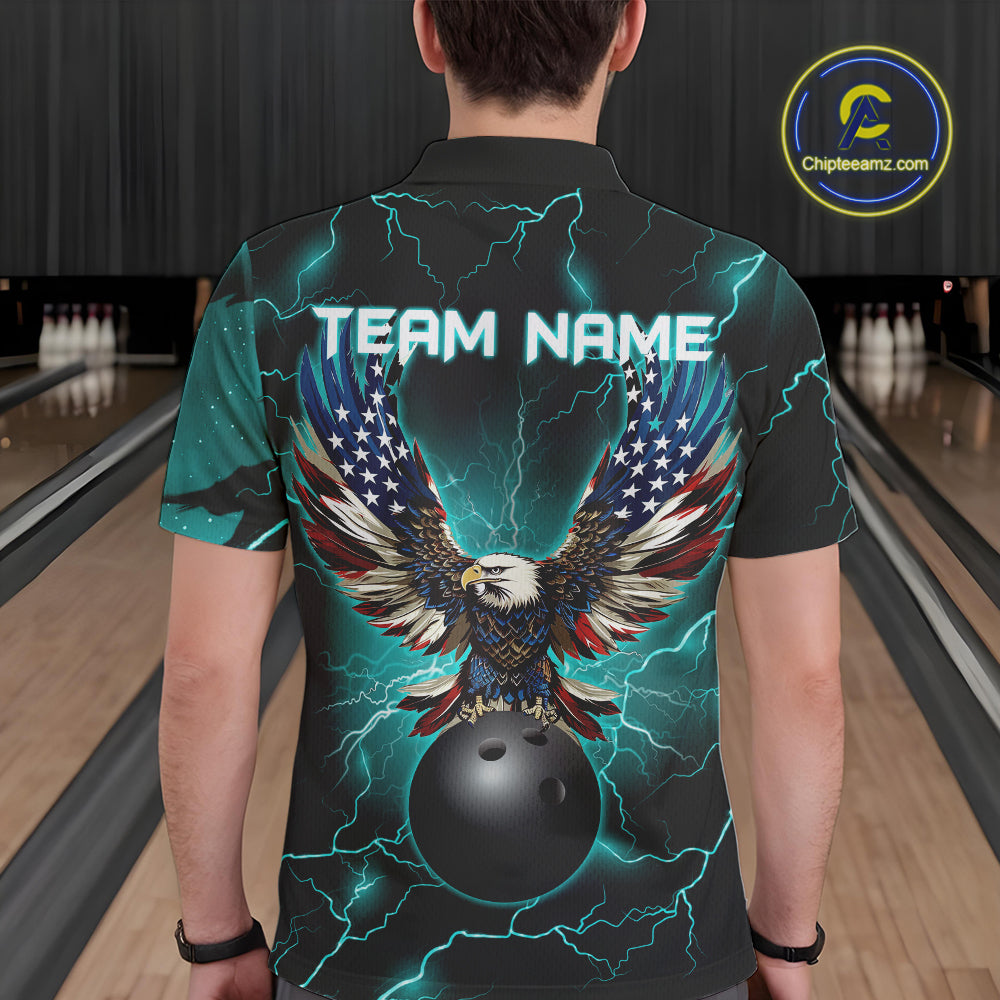 Cyan Blue lightning thunder bowling American flag Eagle custom Mens Bowling Polo, Quarter Zip Shirts NQS10558