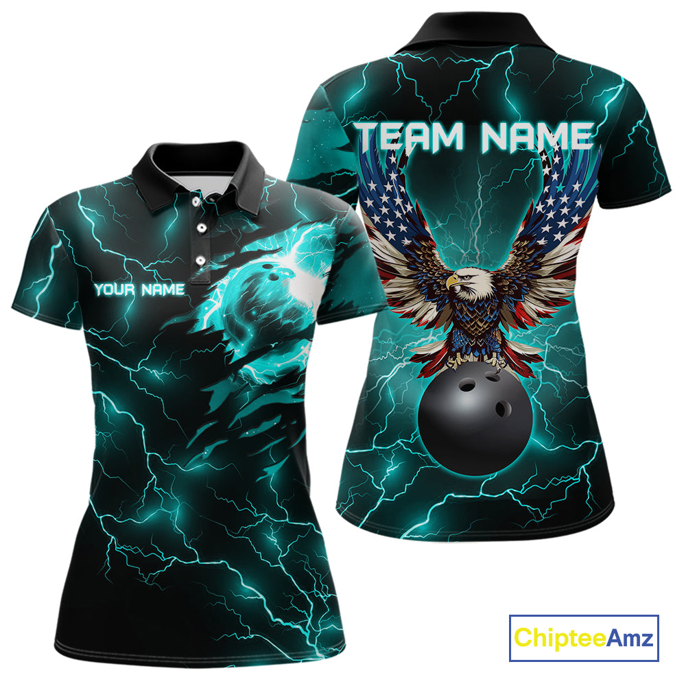 Cyan Blue lightning thunder bowling American flag Eagle custom Womens Bowling Polo, Quarter Zip Shirt NQS10558