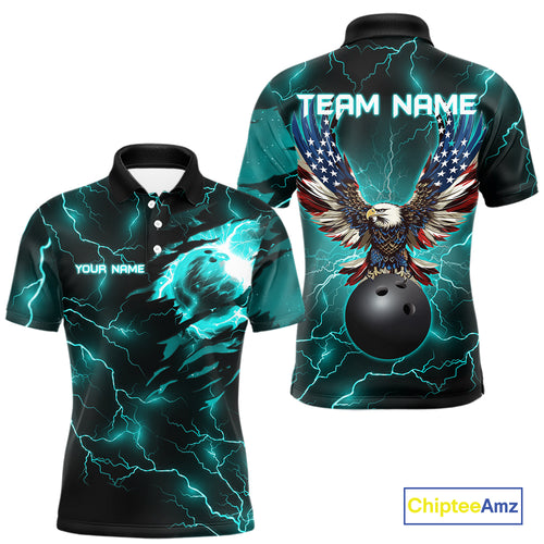 Cyan Blue lightning thunder bowling American flag Eagle custom Mens Bowling Polo, Quarter Zip Shirts NQS10558