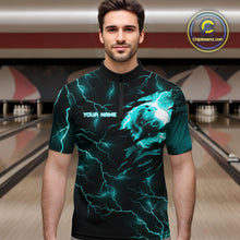 Load image into Gallery viewer, Cyan Blue lightning thunder bowling American flag Eagle custom Mens Bowling Polo, Quarter Zip Shirts NQS10558