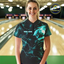 Load image into Gallery viewer, Cyan Blue lightning thunder bowling American flag Eagle custom Womens Bowling Polo, Quarter Zip Shirt NQS10558