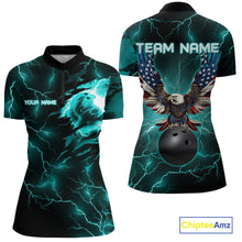 Load image into Gallery viewer, Cyan Blue lightning thunder bowling American flag Eagle custom Womens Bowling Polo, Quarter Zip Shirt NQS10558