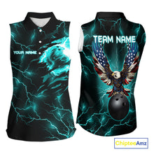 Load image into Gallery viewer, Cyan Blue lightning thunder bowling American flag Eagle custom team Women sleeveless Polo Shirt NQS10558