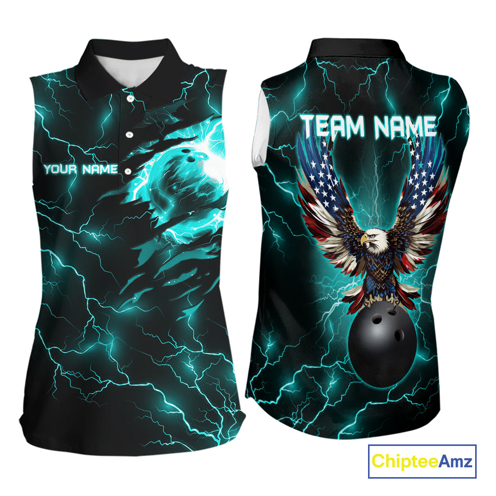 Cyan Blue lightning thunder bowling American flag Eagle custom team Women sleeveless Polo Shirt NQS10558