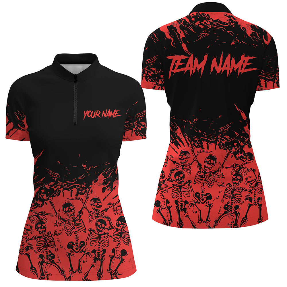 Red and Black Bowling Polo, Quarter zip Shirts For Women custom Skull Halloween bowling team jerseys NQS8593