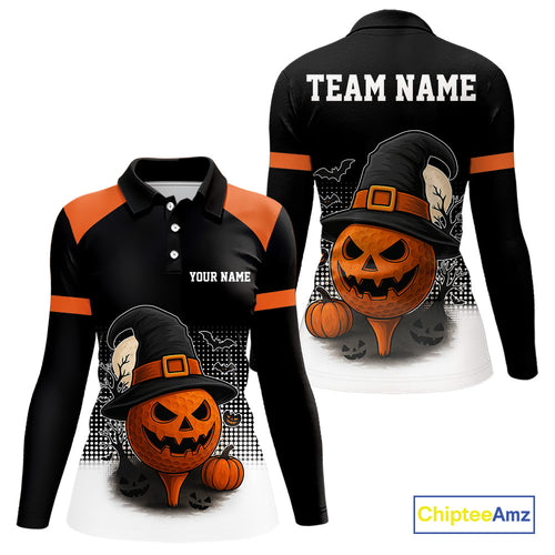 Black and Orange Funny pumpkin Golf Ball Women golf polo shirt Custom Halloween team ladies golf wear NQS10778