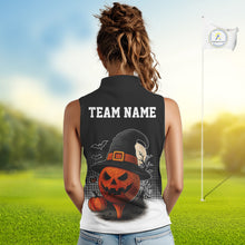 Load image into Gallery viewer, Black &amp; Orange Funny pumpkin Golf Ball Women Sleeveless polo shirt Custom Halloween ladies golf wear NQS10778