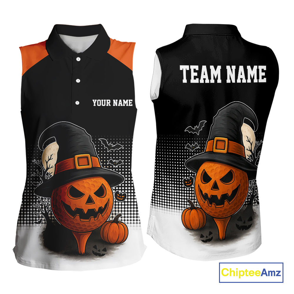 Black & Orange Funny pumpkin Golf Ball Women Sleeveless polo shirt Custom Halloween ladies golf wear NQS10778