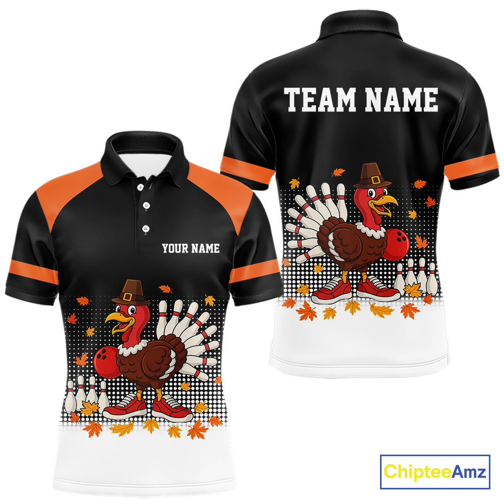 Black and Orange Turkey Bowling Polo, 1/4 Zip Shirts For Men Custom Thanksgiving team Bowling jersey NQS10779