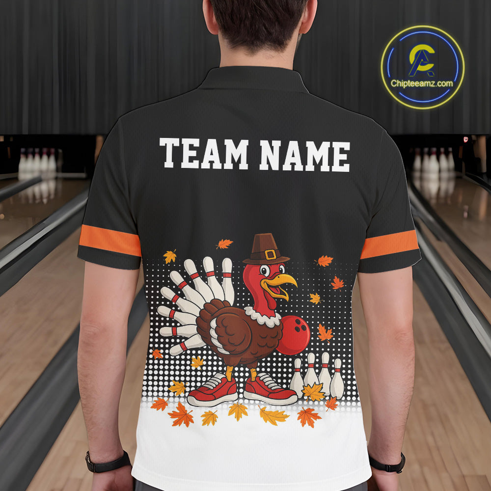 Black and Orange Turkey Bowling Polo, 1/4 Zip Shirts For Men Custom Thanksgiving team Bowling jersey NQS10779