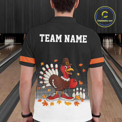 Black and Orange Turkey Bowling Polo, 1/4 Zip Shirts For Men Custom Thanksgiving team Bowling jersey NQS10779