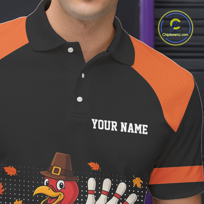 Black and Orange Turkey Bowling Polo, 1/4 Zip Shirts For Men Custom Thanksgiving team Bowling jersey NQS10779