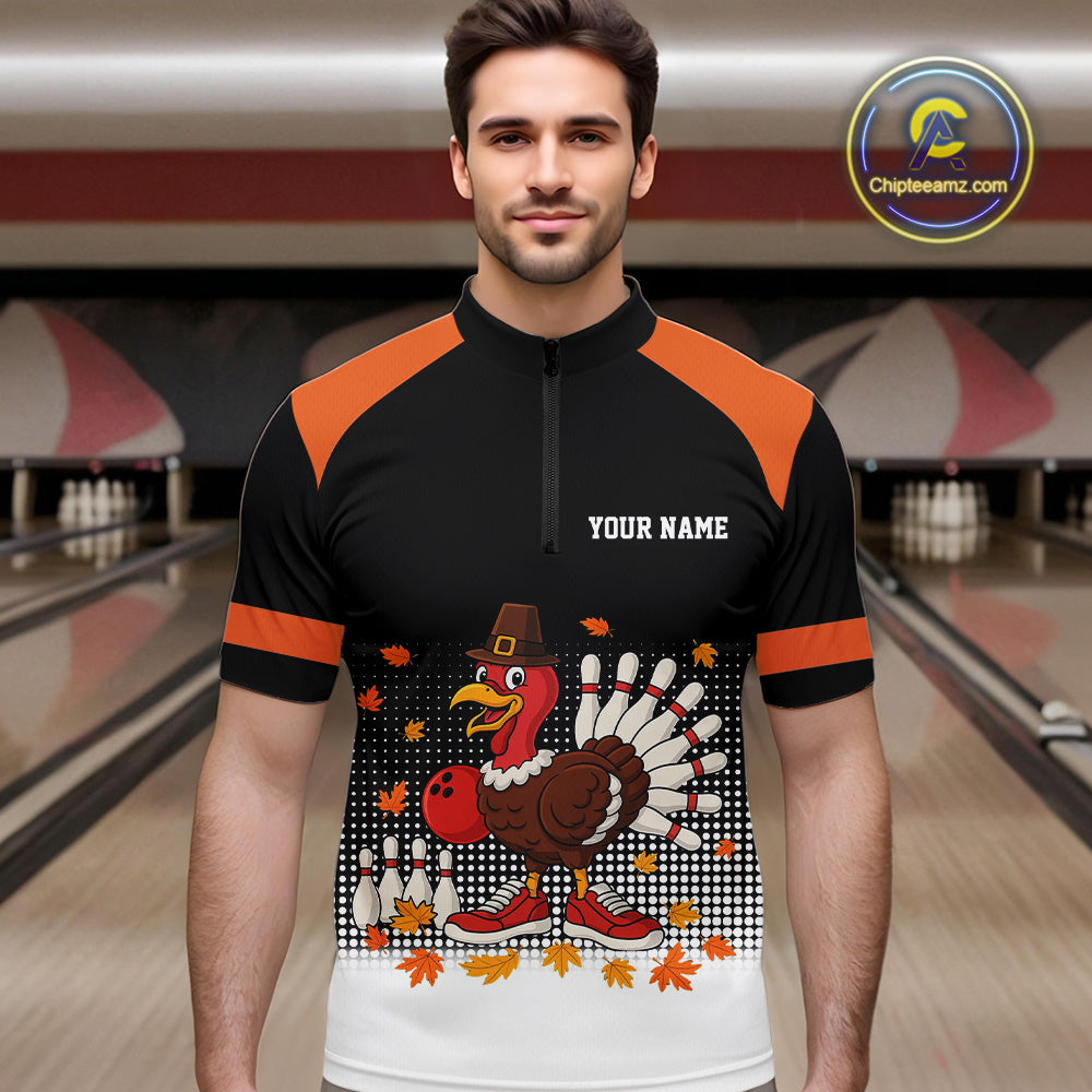 Black and Orange Turkey Bowling Polo, 1/4 Zip Shirts For Men Custom Thanksgiving team Bowling jersey NQS10779