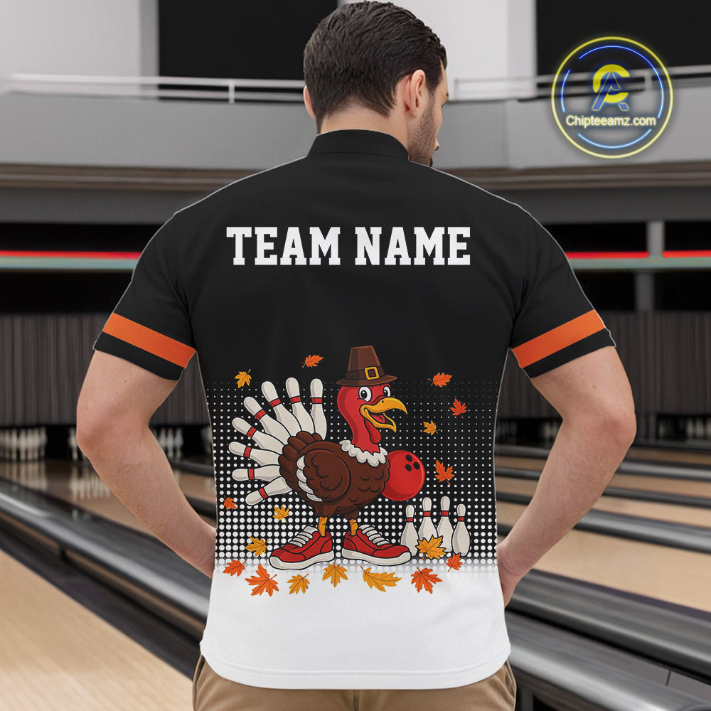 Black and Orange Turkey Bowling Polo, 1/4 Zip Shirts For Men Custom Thanksgiving team Bowling jersey NQS10779