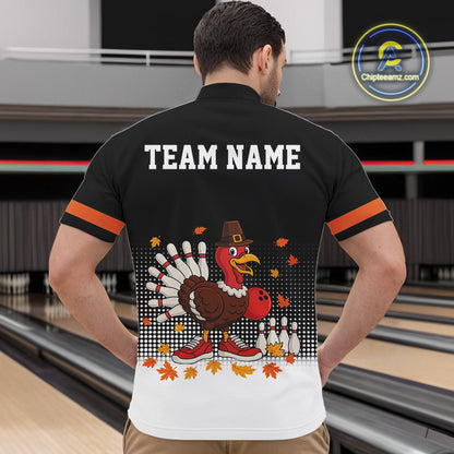 Black and Orange Turkey Bowling Polo, 1/4 Zip Shirts For Men Custom Thanksgiving team Bowling jersey NQS10779
