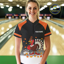Load image into Gallery viewer, Black and Orange Turkey Bowling Polo, 1/4 Zip Shirt For Women Custom Thanksgiving team Bowling jersey NQS10779