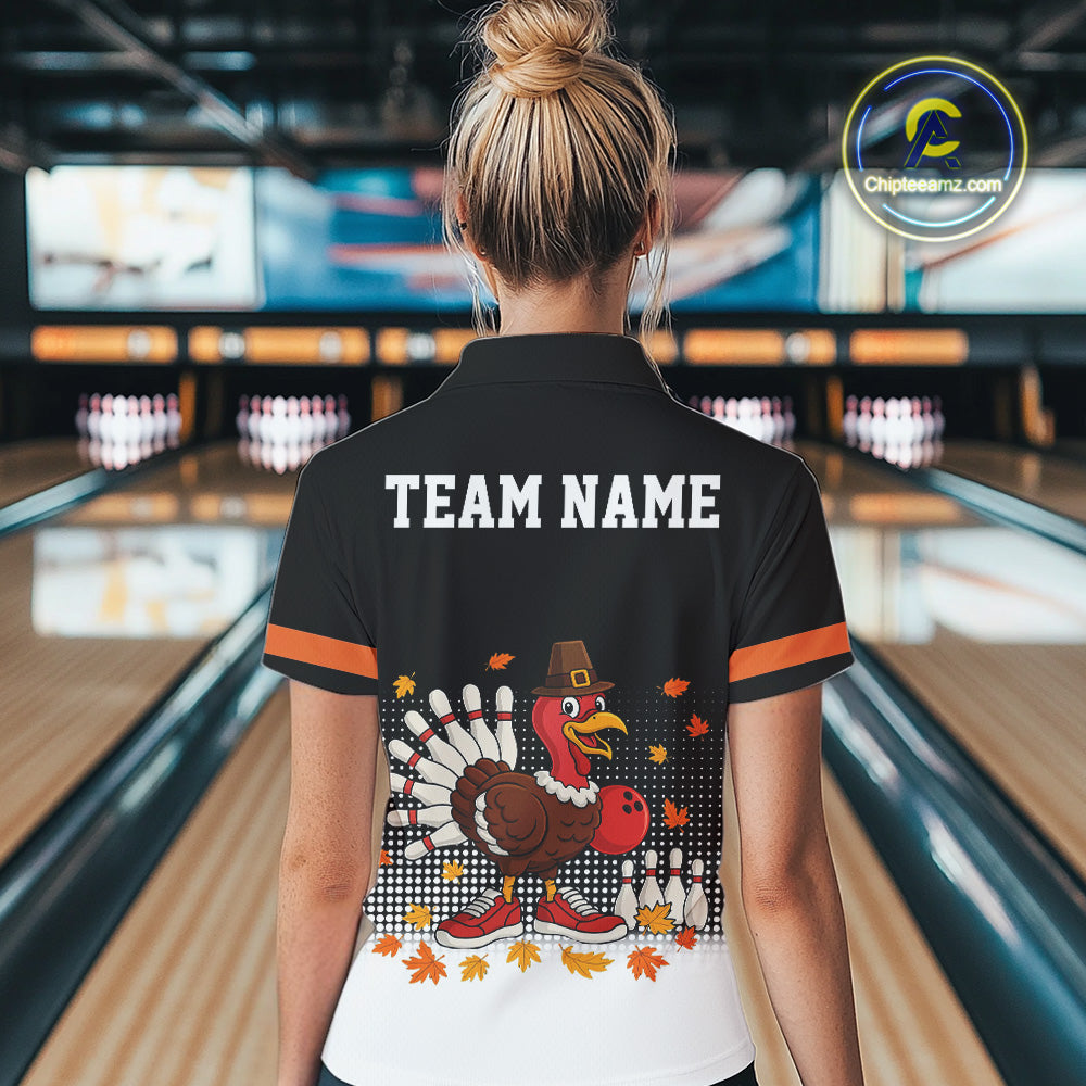 Black and Orange Turkey Bowling Polo, 1/4 Zip Shirt For Women Custom Thanksgiving team Bowling jersey NQS10779