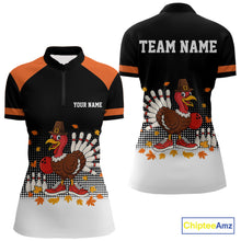 Load image into Gallery viewer, Black and Orange Turkey Bowling Polo, 1/4 Zip Shirt For Women Custom Thanksgiving team Bowling jersey NQS10779