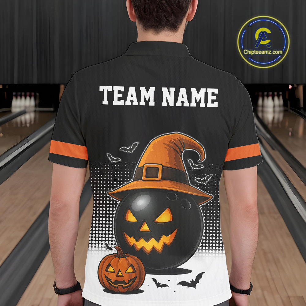 Black and Orange Funny Halloween Bowling Polo, 1/4 Zip Shirts For Men Custom team Bowling jersey NQS10780