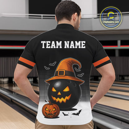 Black and Orange Funny Halloween Bowling Polo, 1/4 Zip Shirts For Men Custom team Bowling jersey NQS10780
