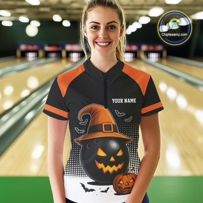 Black and Orange Funny Halloween Bowling Polo, 1/4 Zip Shirts For Women Custom team Bowling jersey NQS10780