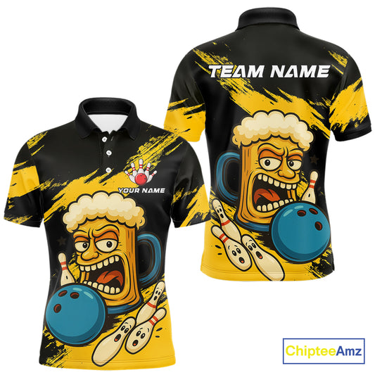 Black And Yellow Funny Beer Bowling Men Polo, 1/4 Zip Shirts Custom Angry Beer Glass Bowling Jersey NQS10784