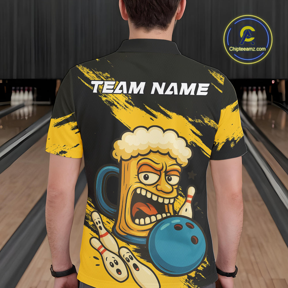 Black And Yellow Funny Beer Bowling Men Polo, 1/4 Zip Shirts Custom Angry Beer Glass Bowling Jersey NQS10784
