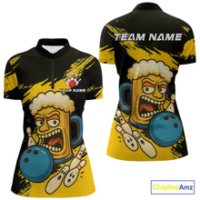 Load image into Gallery viewer, Black And Yellow Funny Beer Bowling Women Polo, 1/4 Zip Shirts Custom Angry Beer Glass Bowling Jersey NQS10784