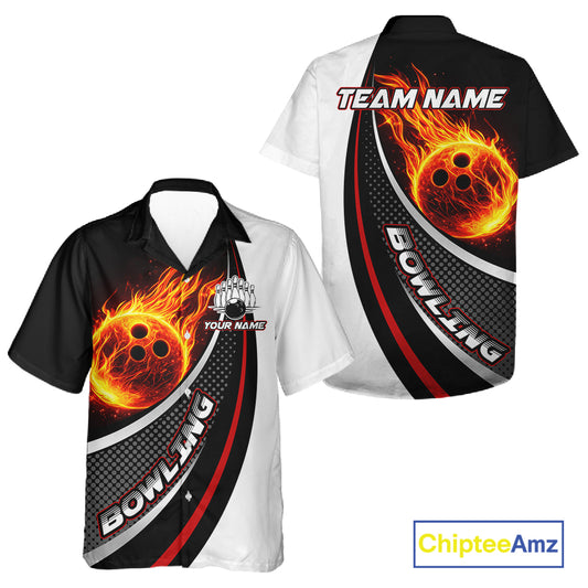Personalized Black & White Red Flame Bowling Team Hawaiian Shirt, Gifts For Bowlers NQS11358