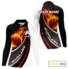 Load image into Gallery viewer, Personalized Black &amp; White Red Flame Bowling Polo, 1/4 zip Team Shirts For Women, Gifts For Bowlers NQS11358