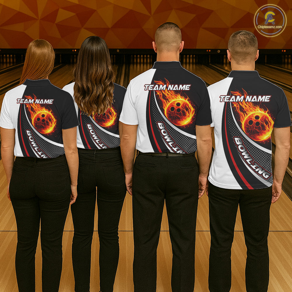 Personalized Black & White Red Flame Bowling Polo, 1/4 zip Team Shirts For Women, Gifts For Bowlers NQS11358