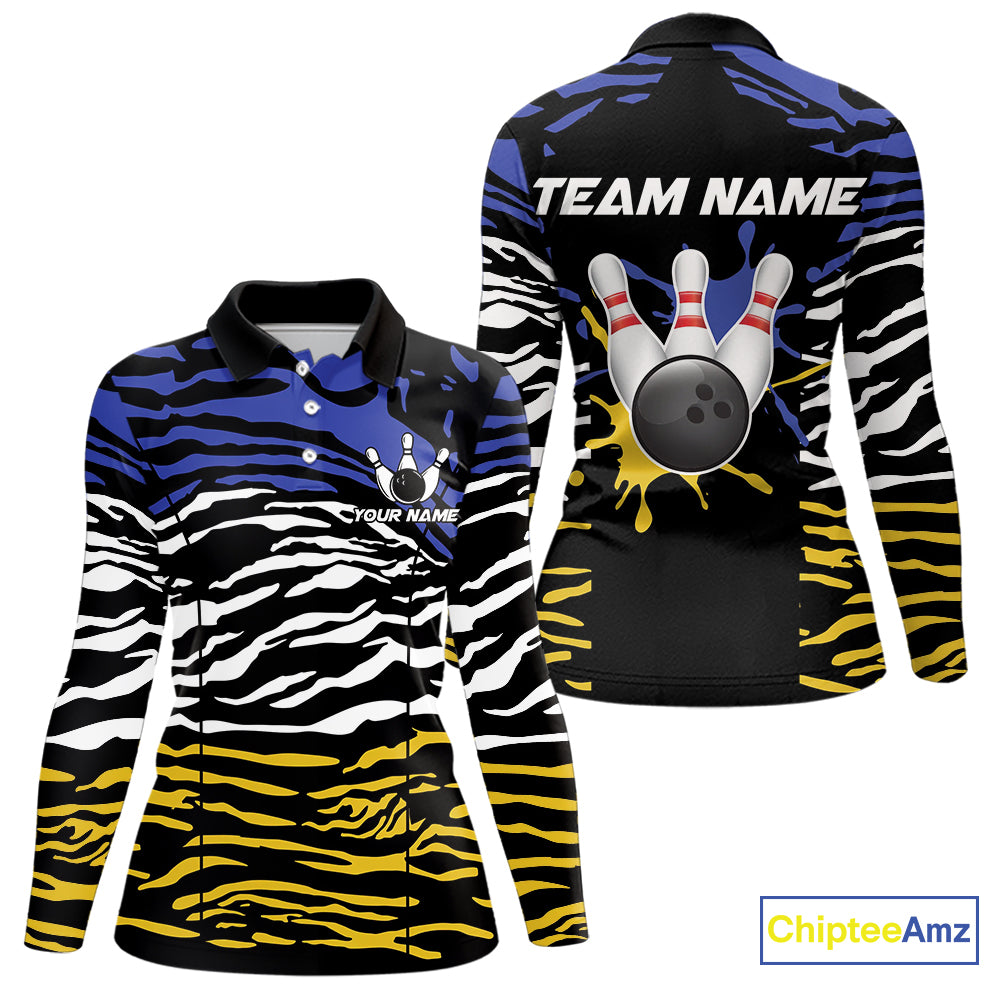 Blue, Yellow and White Tiger Skin Pattern Bowling Shirts For Women Custom Bowling Team jerseys NQS9803