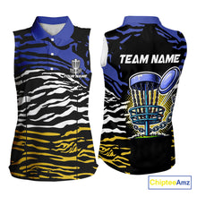 Load image into Gallery viewer, Blue, Yellow and White Tiger Skin Pattern Womens sleeveless polo shirt Custom team disc golf jerseys NQS9804