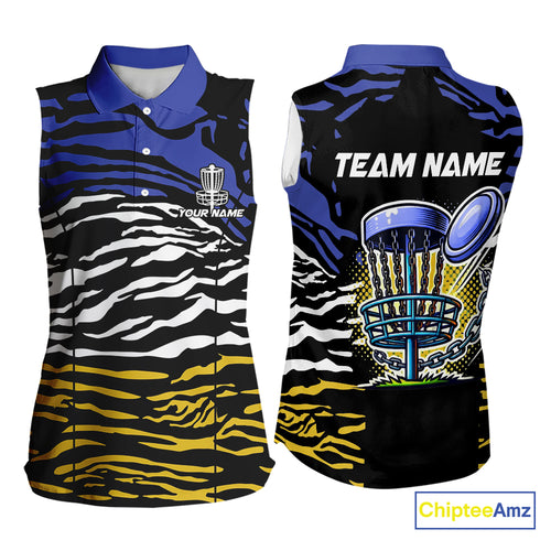 Blue, Yellow and White Tiger Skin Pattern Womens sleeveless polo shirt Custom team disc golf jerseys NQS9804