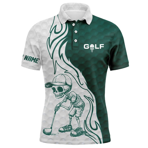 Green and white Mens golf polo shirt custom name golf skull shirts, golfing apparel gift for mens NQS5611