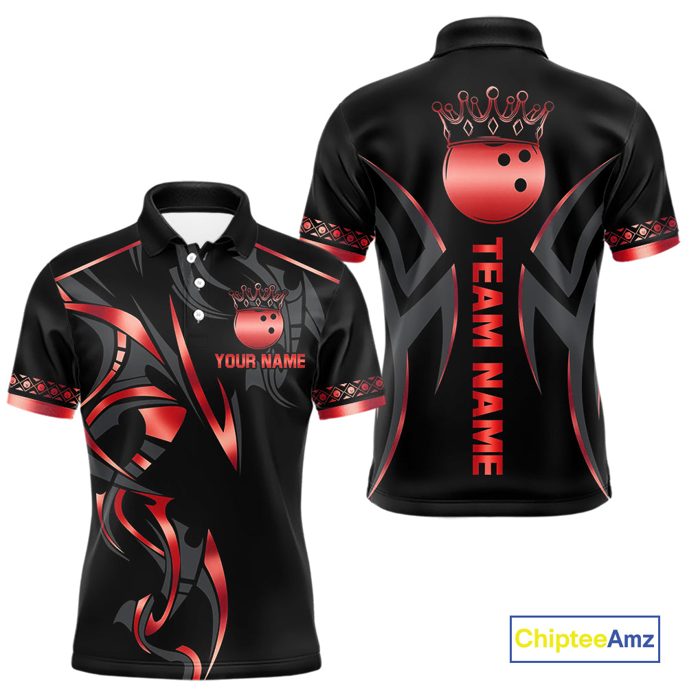 Black and Red crown Bowling ball Polo, Quarter Zip Shirts for Men Custom Bowling Team jerseys NQS10047